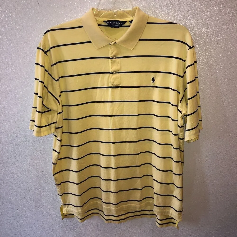 Ralph Lauren Polo Golf Mens Large Yellow Striped Cotton Collar Polo Shirt Size L